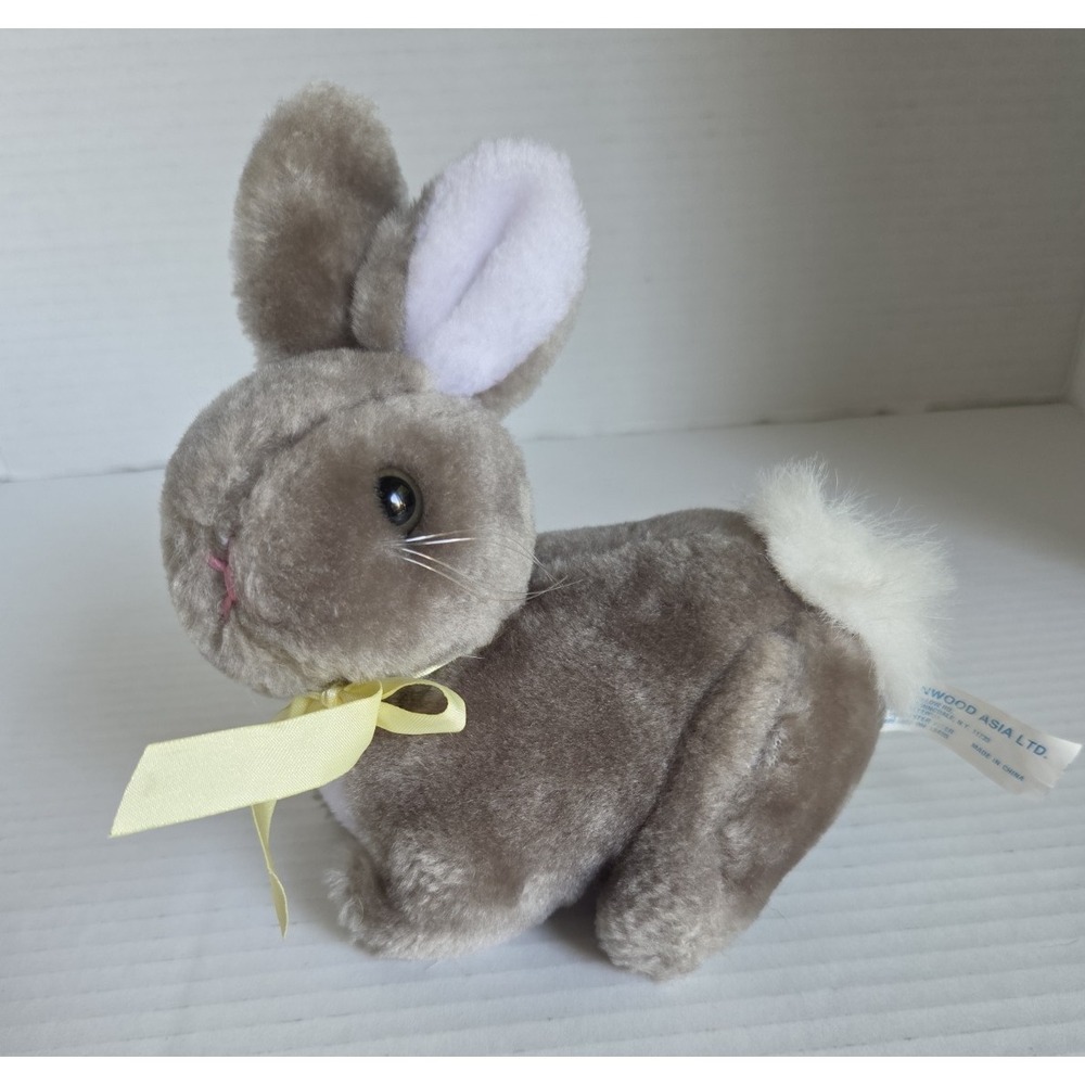 VTG Lemonwood Asia Plush Gray White Bunny Stuffed Animal Rabbit Yellow Bow 6 in